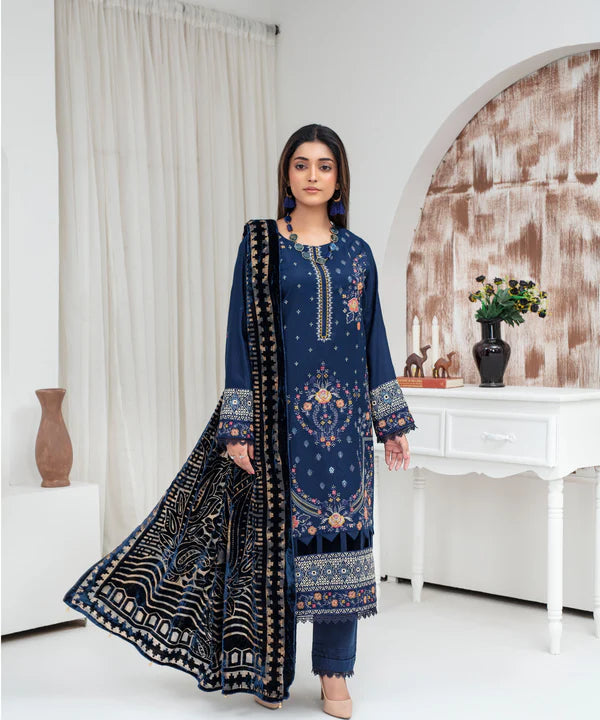 3PCS CREATION Dhanak Chikankari Embroidered Shirt With Velvet Plachi Shawl Winter Collection ULM- 2103
