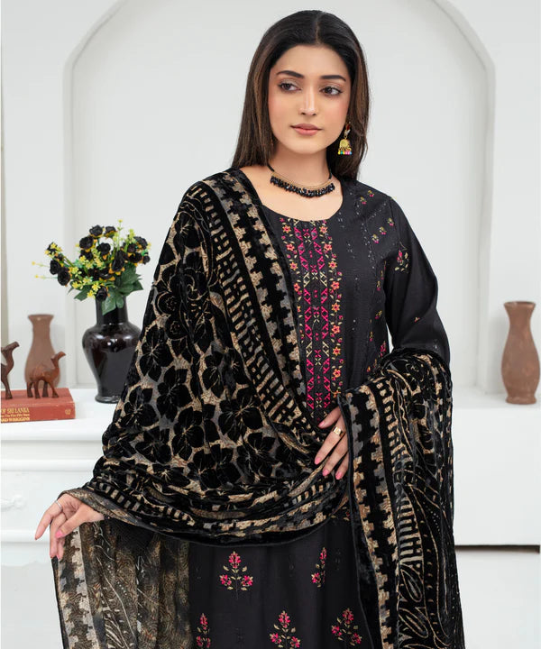 3PCS CREATION Dhanak Chikankari Embroidered Shirt With Velvet Plachi Shawl Winter Collection ULM- 2101