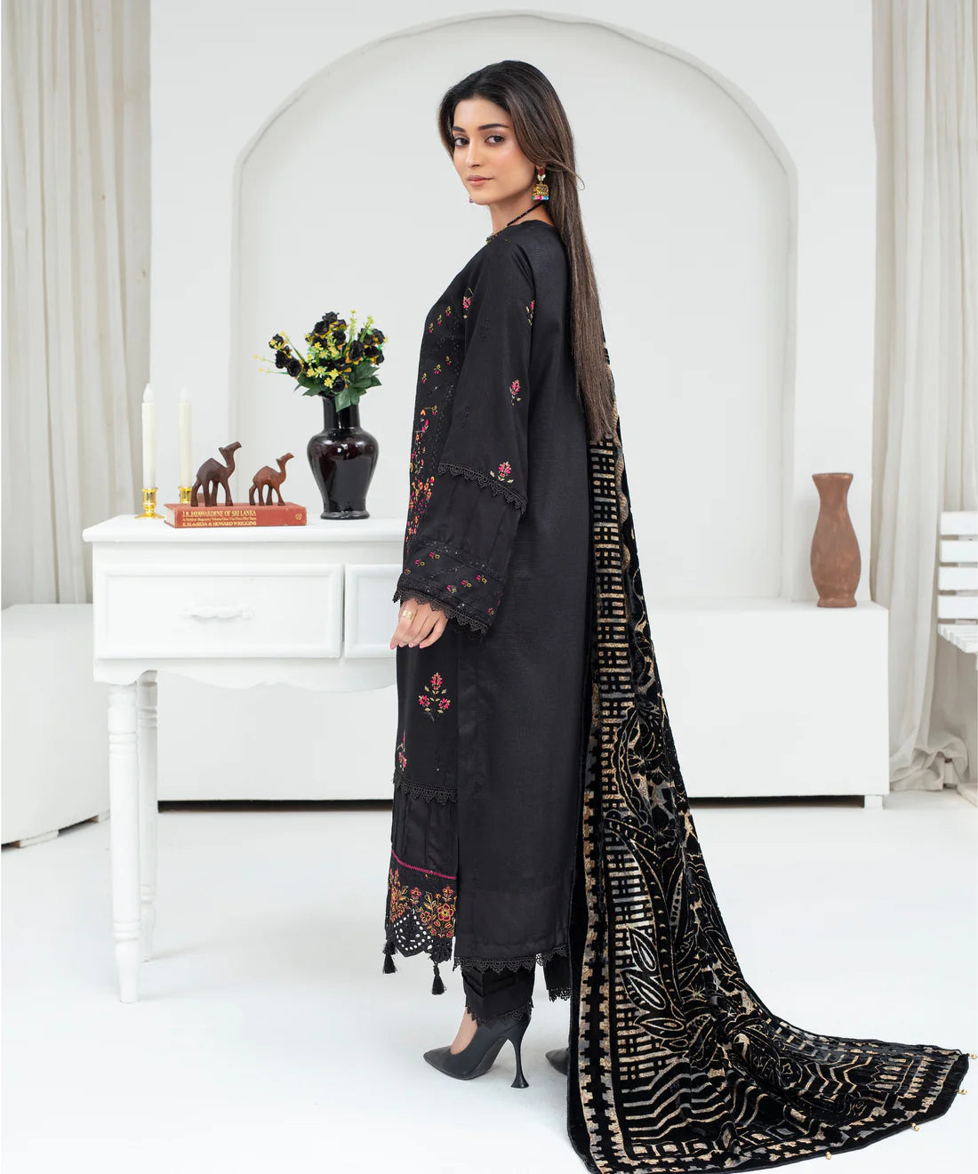 3PCS CREATION Dhanak Chikankari Embroidered Shirt With Velvet Plachi Shawl Winter Collection ULM- 2101