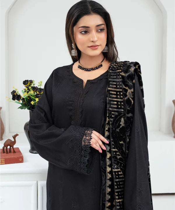 3PCS CREATION Dhanak Chikankari Embroidered Shirt With Velvet Plachi Shawl Winter Collection ULM- 2107