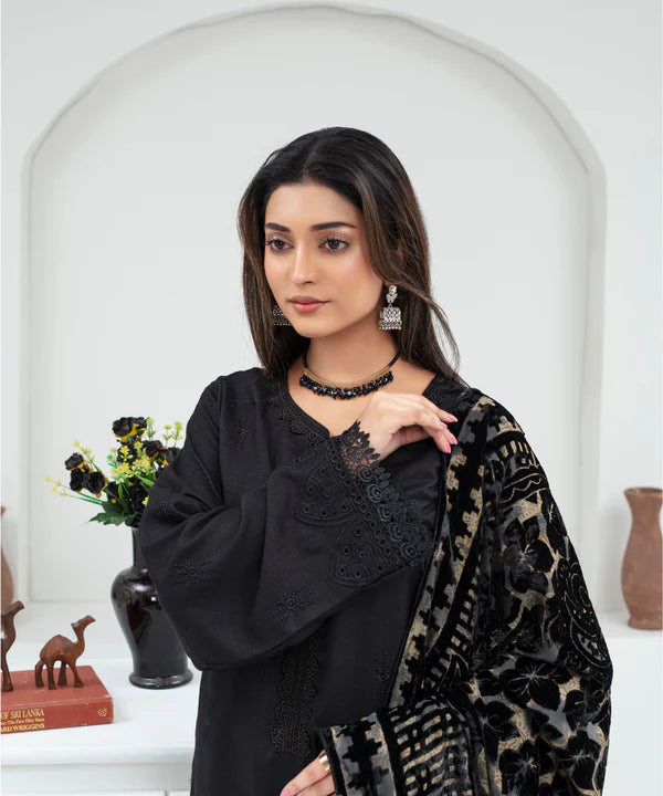 3PCS CREATION Dhanak Chikankari Embroidered Shirt With Velvet Plachi Shawl Winter Collection ULM- 2107