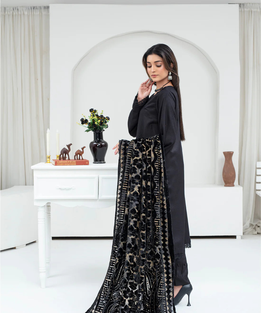 3PCS CREATION Dhanak Chikankari Embroidered Shirt With Velvet Plachi Shawl Winter Collection ULM- 2107