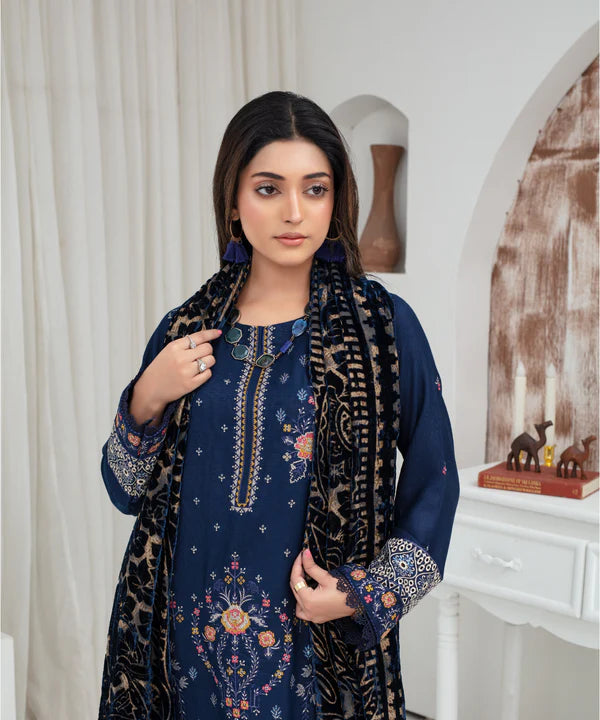 3PCS CREATION Dhanak Chikankari Embroidered Shirt With Velvet Plachi Shawl Winter Collection ULM- 2103