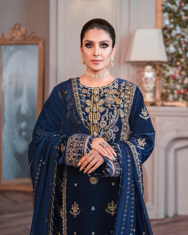 3PCS Embroidered Velvet With Embroidered Chiffon Dupatta Velvet Winter Collection-959