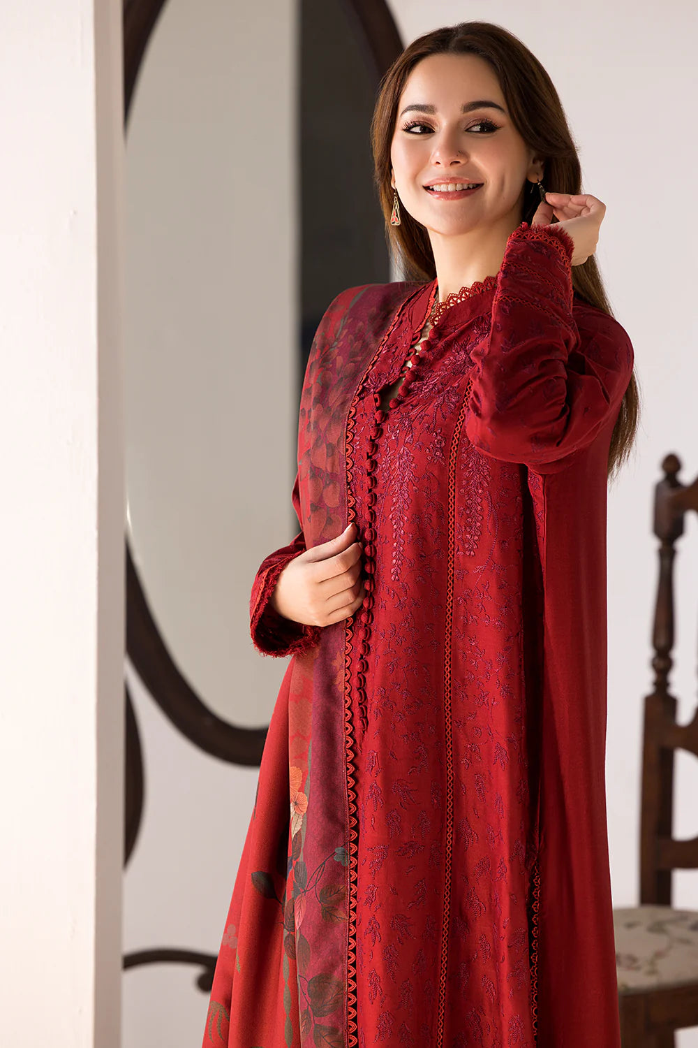 A+ 3PCS SOBIA NAZIR - DHANAK EMBROIDERED SHIRT WITH TWILL PRINTED SHAWL AND TROUSER Winter Collection ULM-688