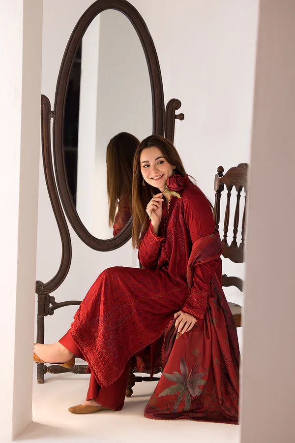 A+ 3PCS SOBIA NAZIR - DHANAK EMBROIDERED SHIRT WITH TWILL PRINTED SHAWL AND TROUSER Winter Collection ULM-688