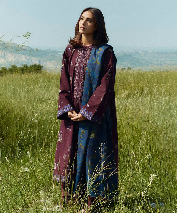A+ 3PCS ZARA SHAHJAHAN Dhanak Embroidered Shirt With Digital Printed Shawl Winter Collection ULM-274