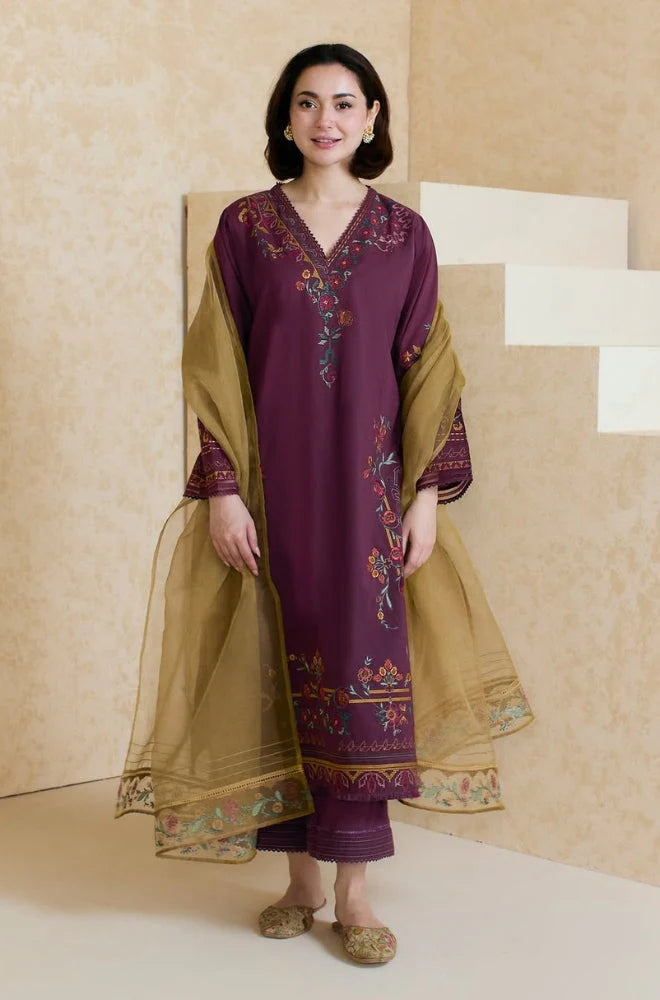 3PCS Dhanak Embroidered Shirt With Organza Embroidered Dupatta Winter Collection ULM-3343