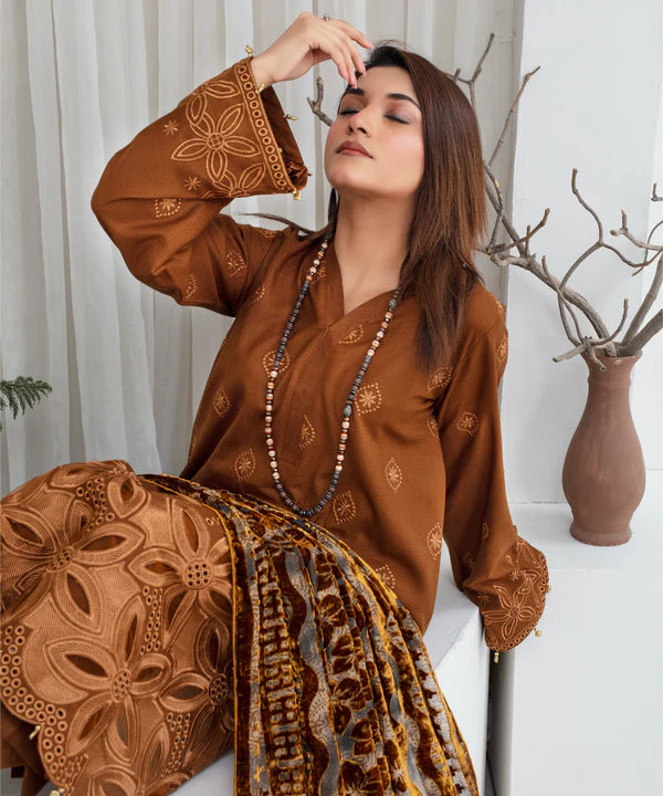 3PCS CREATION Dhanak Chikankari Embroidered Shirt With Velvet Plachi Shawl Winter Collection ULM- 2109