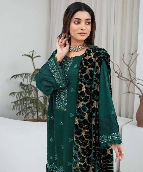 3PCS CREATION Dhanak Chikankari Embroidered Shirt With Velvet Plachi Shawl Winter Collection ULM- 2105