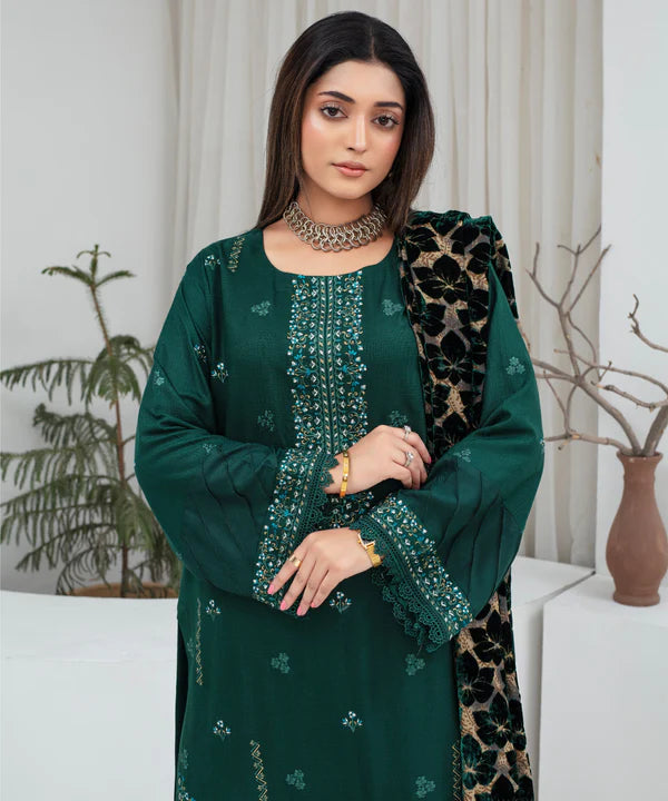 3PCS CREATION Dhanak Chikankari Embroidered Shirt With Velvet Plachi Shawl Winter Collection ULM- 2105