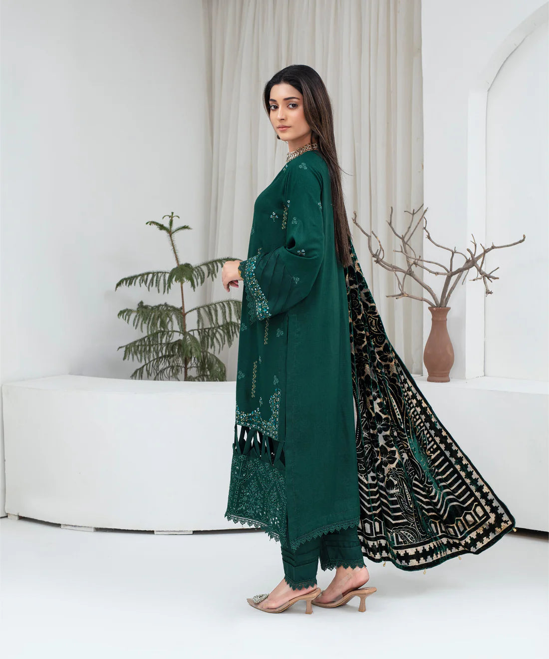 3PCS CREATION Dhanak Chikankari Embroidered Shirt With Velvet Plachi Shawl Winter Collection ULM- 2105