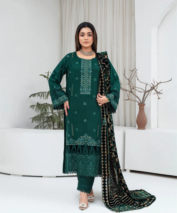 3PCS CREATION Dhanak Chikankari Embroidered Shirt With Velvet Plachi Shawl Winter Collection ULM- 2105