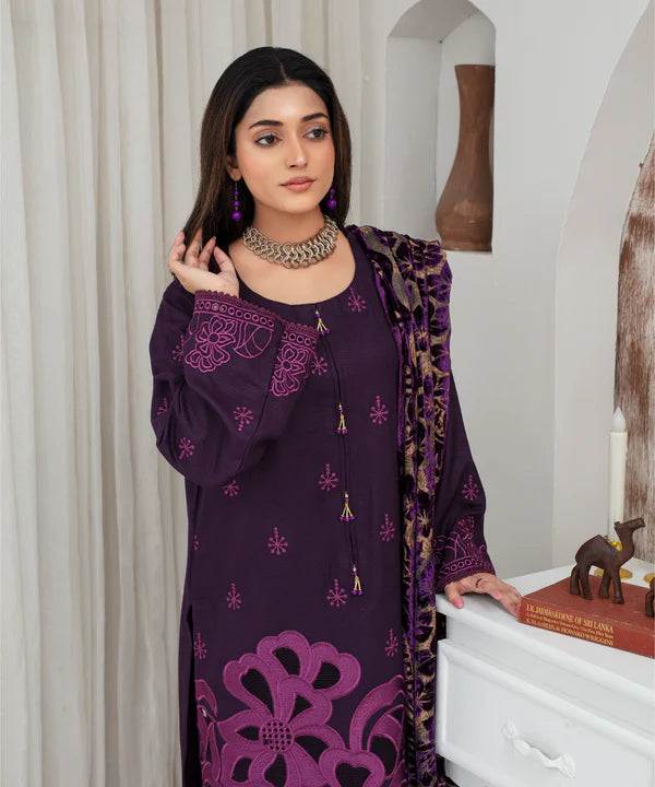 3PCS CREATION Dhanak Chikankari Embroidered Shirt With Velvet Plachi Shawl Winter Collection ULM- 2108