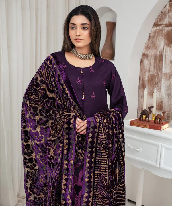 3PCS CREATION Dhanak Chikankari Embroidered Shirt With Velvet Plachi Shawl Winter Collection ULM- 2108