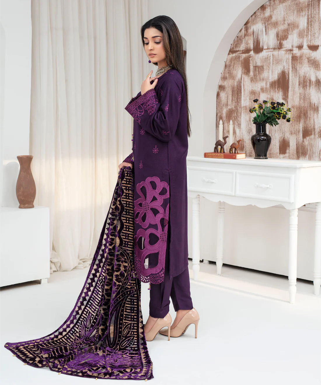 3PCS CREATION Dhanak Chikankari Embroidered Shirt With Velvet Plachi Shawl Winter Collection ULM- 2108