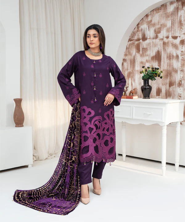 3PCS CREATION Dhanak Chikankari Embroidered Shirt With Velvet Plachi Shawl Winter Collection ULM- 2108