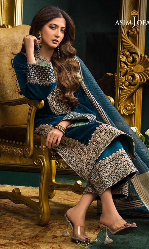 3PCS Velvet Embroidered Shirt With Organza Dupatta Velvet Collection- 300