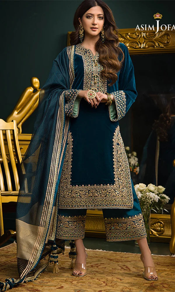 3PCS Velvet Embroidered Shirt With Organza Dupatta Velvet Collection- 300