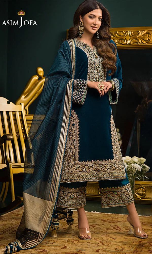 3PCS Velvet Embroidered Shirt With Organza Dupatta Velvet Collection- 300