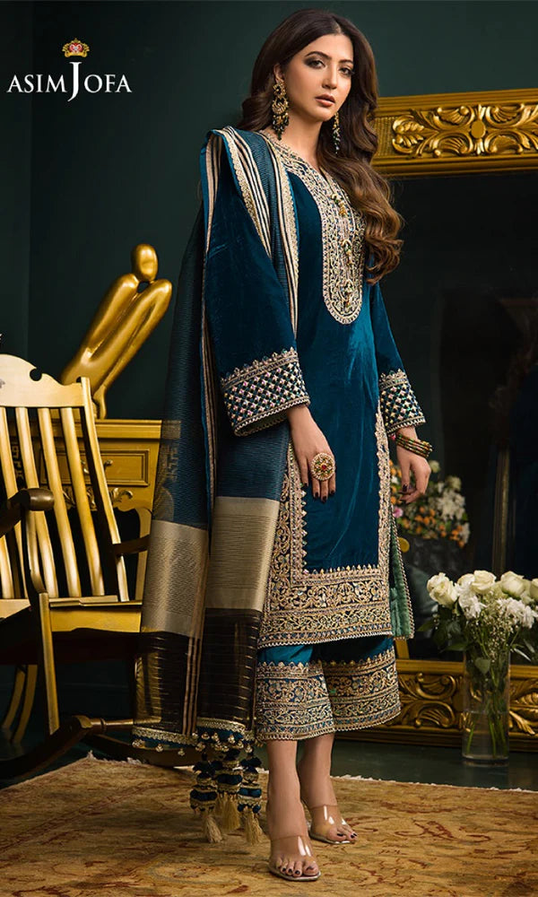 3PCS Velvet Embroidered Shirt With Organza Dupatta Velvet Collection- 300