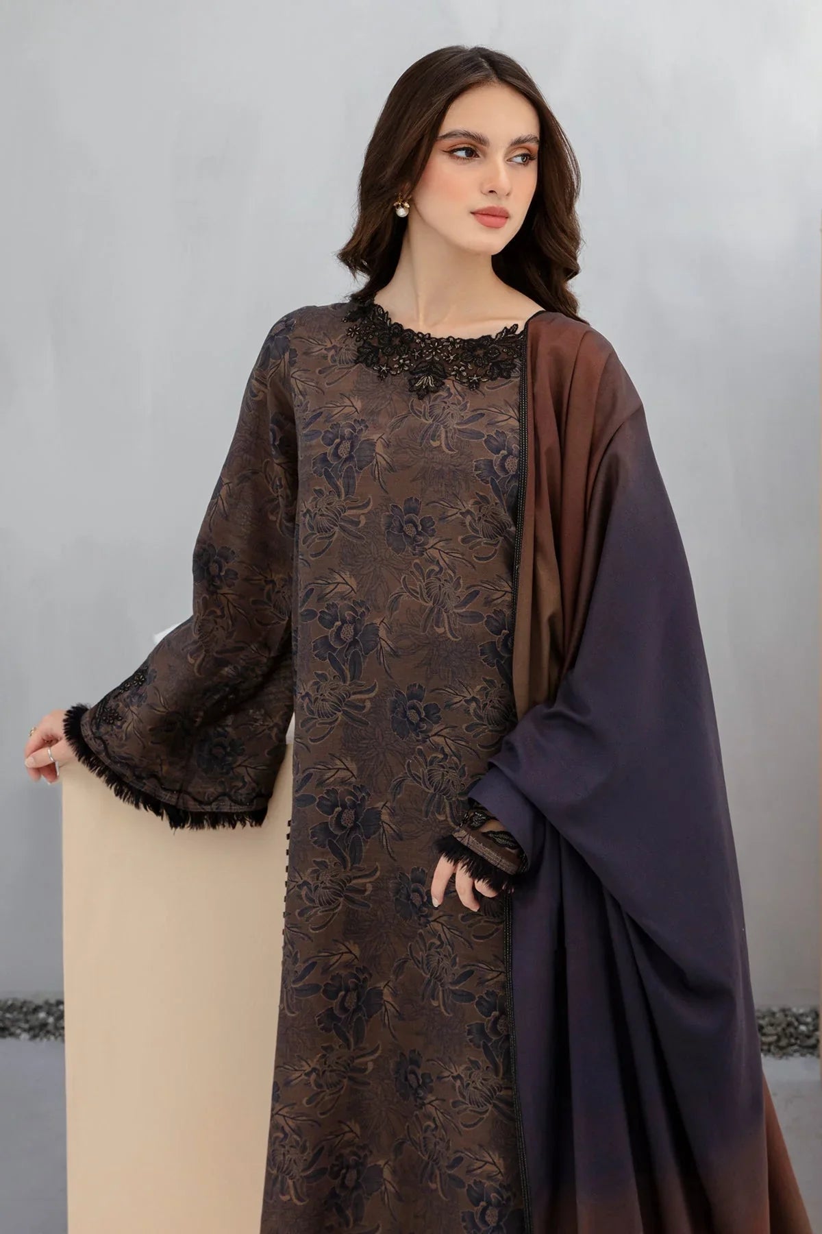 3PCS BAROQUE KARANDI PRINTED SHIRT WITH KARANDI PRINTED DUAPTTA AND TROUSER Winter Collection ULM-804