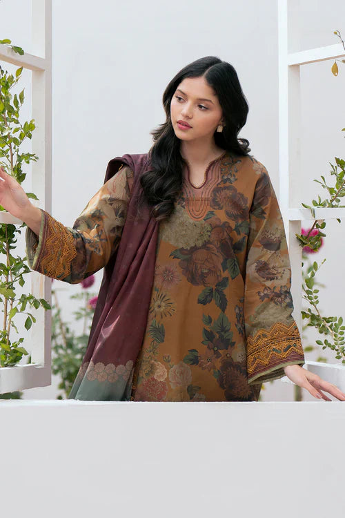 3PCS BAROQUE KARANDI PRINTED SHIRT WITH KARANDI PRINTED DUAPTTA AND TROUSER Winter Collection ULM-813