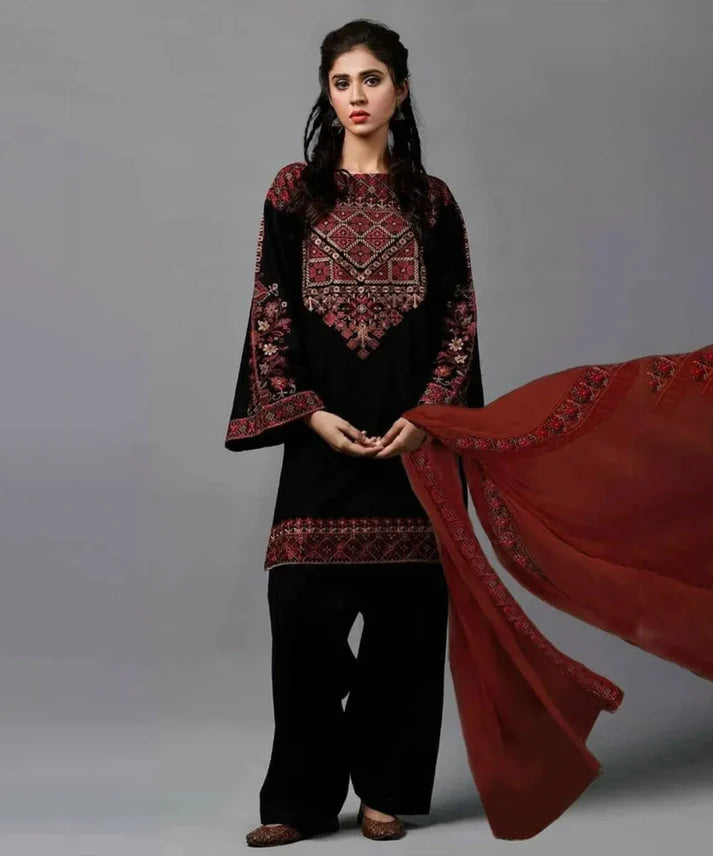 3PCS Linen Embroidered Shirt with Chiffon Embroidered Dupatta Winter Collection ULM-1009