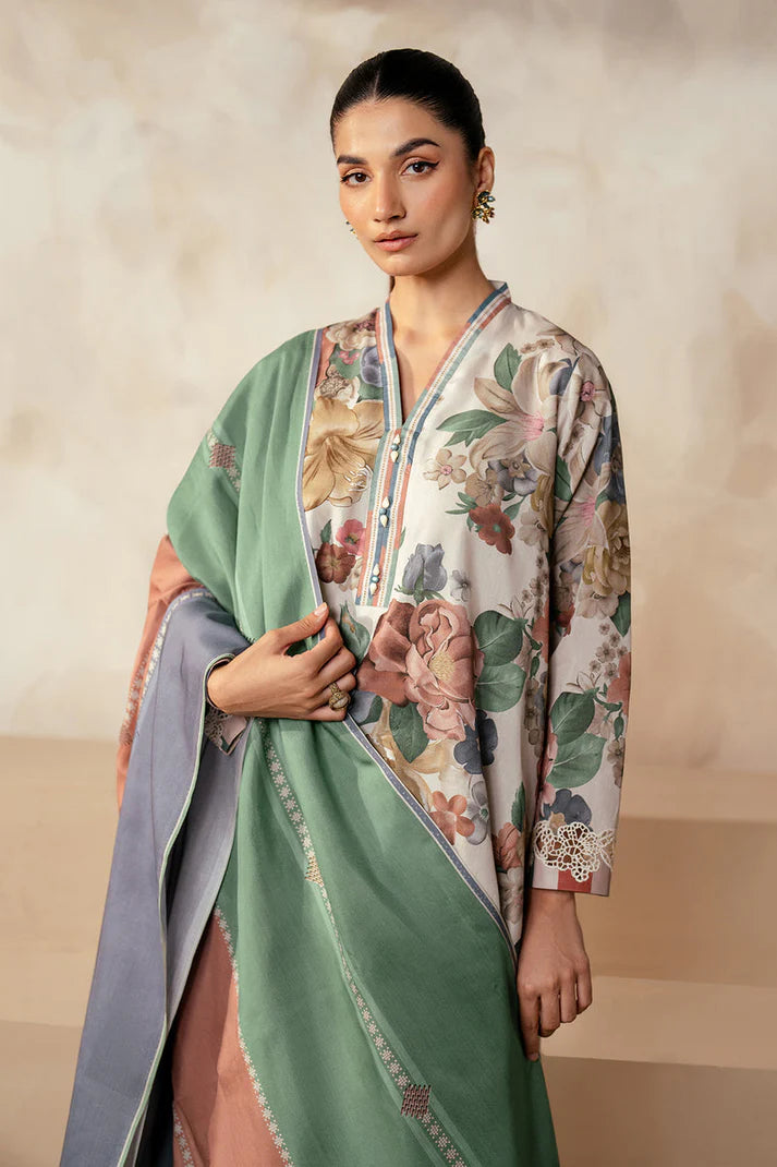 3PCS BAROQUE KARANDI PRINTED SHIRT WITH KARANDI PRINTED DUAPTTA AND TROUSER Winter Collection ULM- 1705