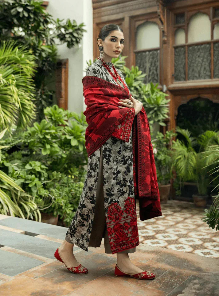 3PCS KARANDI PRINTED SHIRT WITH KARANDI PRINTED DUAPTTA AND TROUSER Winter Collection ULM-1710