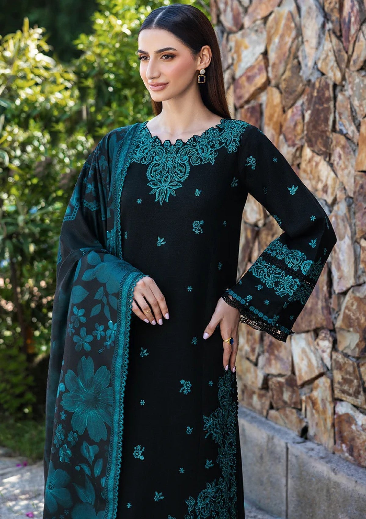 Dhanak-3PC Embroidered Shirt with Digital Printed Wool Shawl - 6098