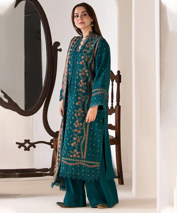 A+ 3PCS SOBIA NAZIR - DHANAK EMBROIDERED SHIRT WITH TWILL PRINTED SHAWL AND TROUSER Winter Collection ULM-685