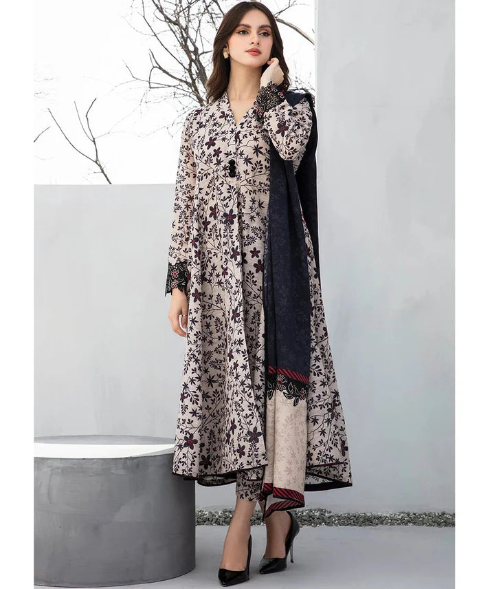 3PCS BAROQUE KARANDI PRINTED SHIRT WITH KARANDI PRINTED DUAPTTA AND TROUSER Winter Collection ULM-802