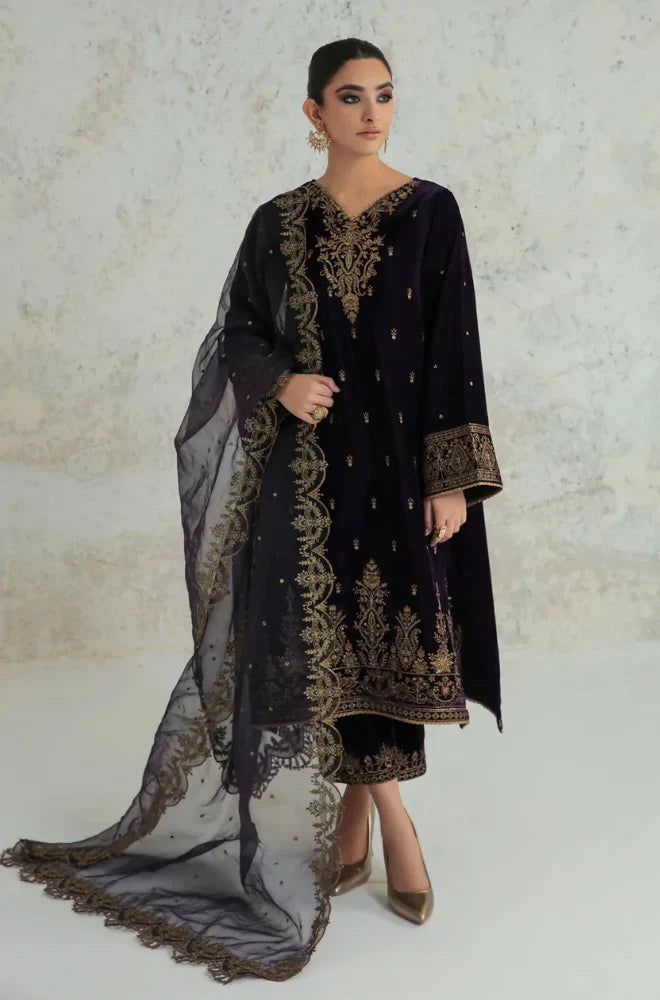 3PCS Velvet Dress With Embroidered Organza Dupatta Velvet Winter Collection 966