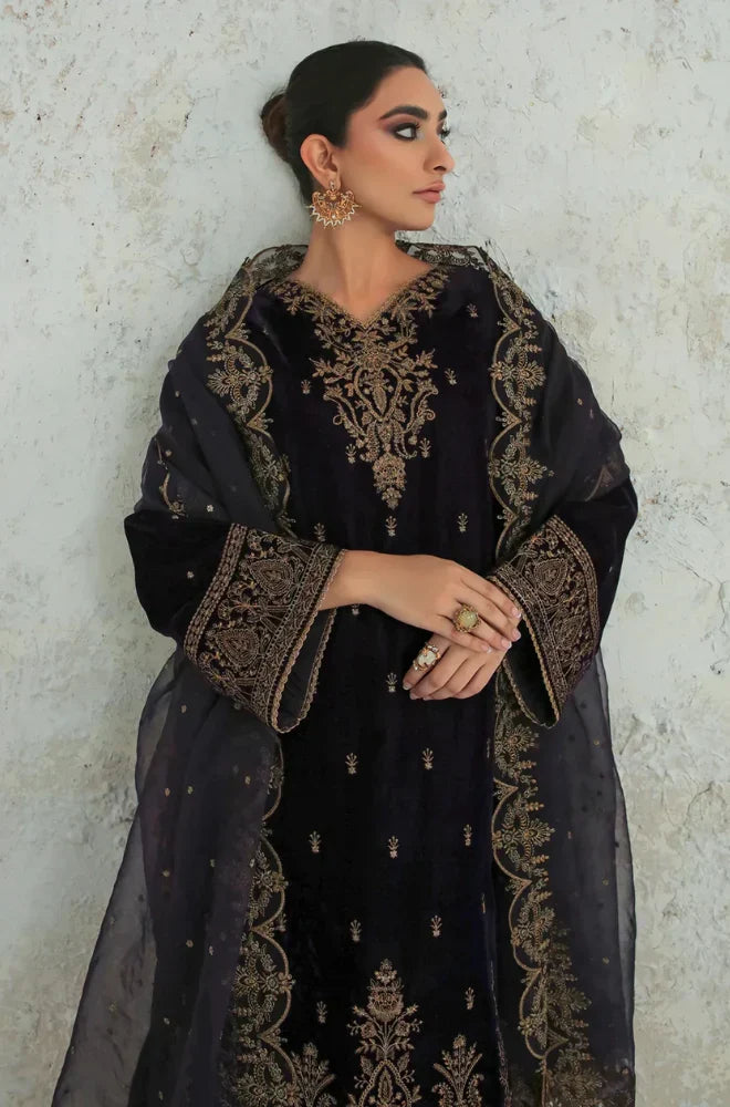3PCS Velvet Dress With Embroidered Organza Dupatta Velvet Winter Collection 966
