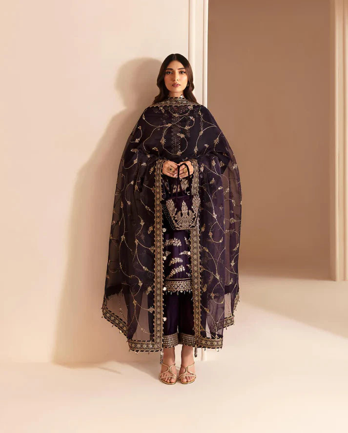 3PCS Embroidered Velvet Dress With Shamooz Silk Trouser Velvet Winter Collection 968