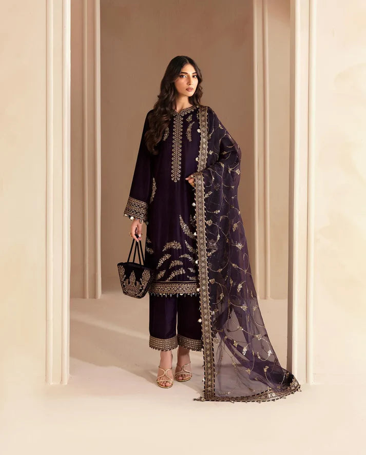 3PCS Embroidered Velvet Dress With Shamooz Silk Trouser Velvet Winter Collection 968