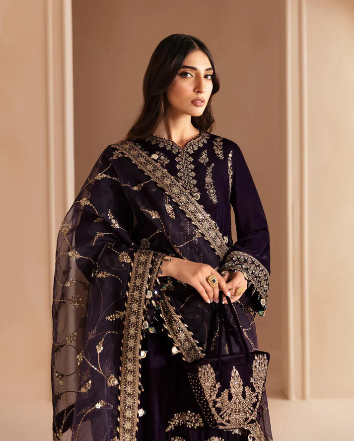 3PCS Embroidered Velvet Dress With Shamooz Silk Trouser Velvet Winter Collection 968