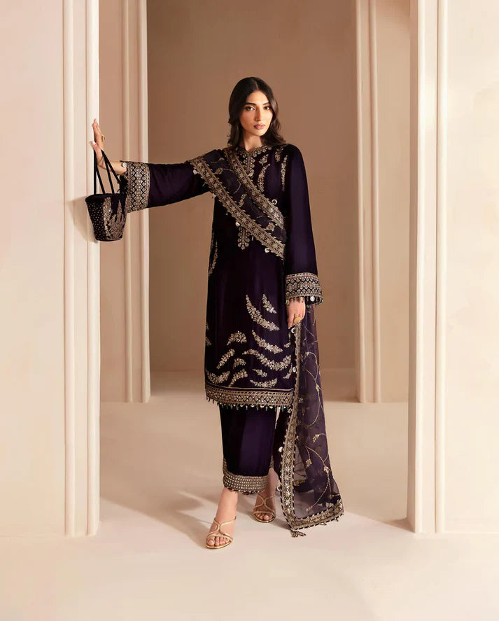 3PCS Embroidered Velvet Dress With Shamooz Silk Trouser Velvet Winter Collection 968