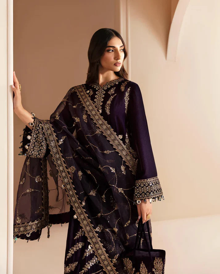 3PCS Embroidered Velvet Dress With Shamooz Silk Trouser Velvet Winter Collection 968