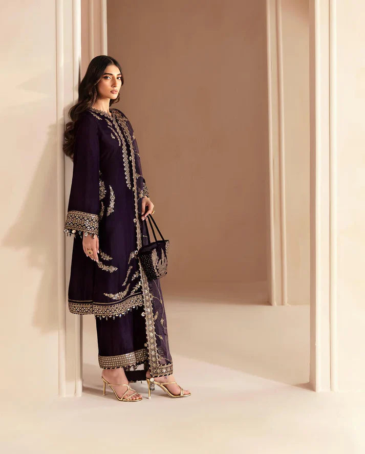 3PCS Embroidered Velvet Dress With Shamooz Silk Trouser Velvet Winter Collection 968