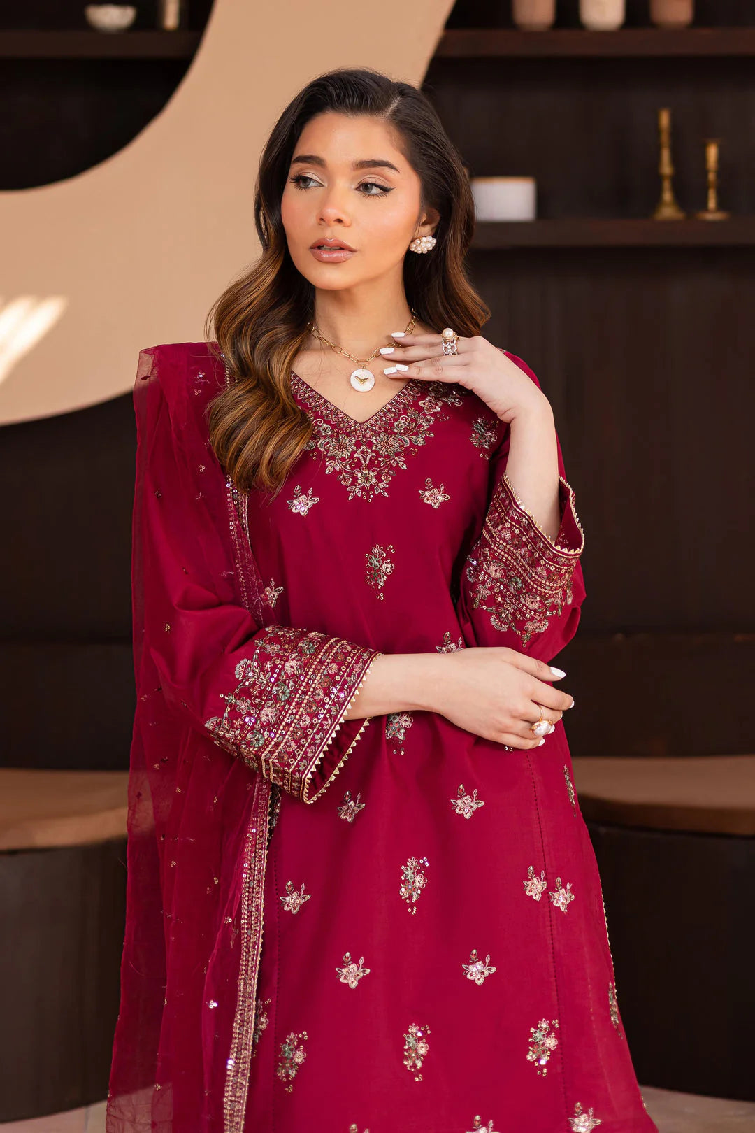 3PCS Dhanak Embroidered Shirt With Organza Embroidered Dupatta Winter Collection ULM-3370