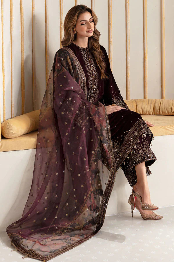 3PCS -Embroidered Velvet Dress with Organza Dupatta Velvet Collection-750