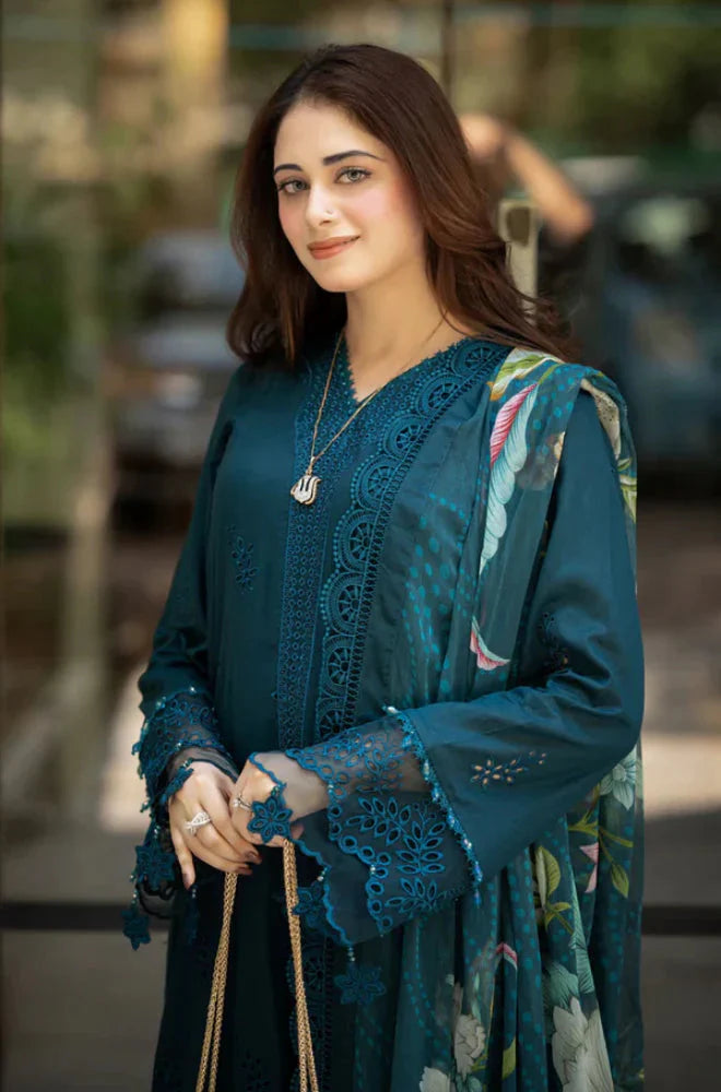 A+ 3PCS Dhanak-Embroidered Shirt with Digital Printed Wool Shawl Winter Collection ULM -3438