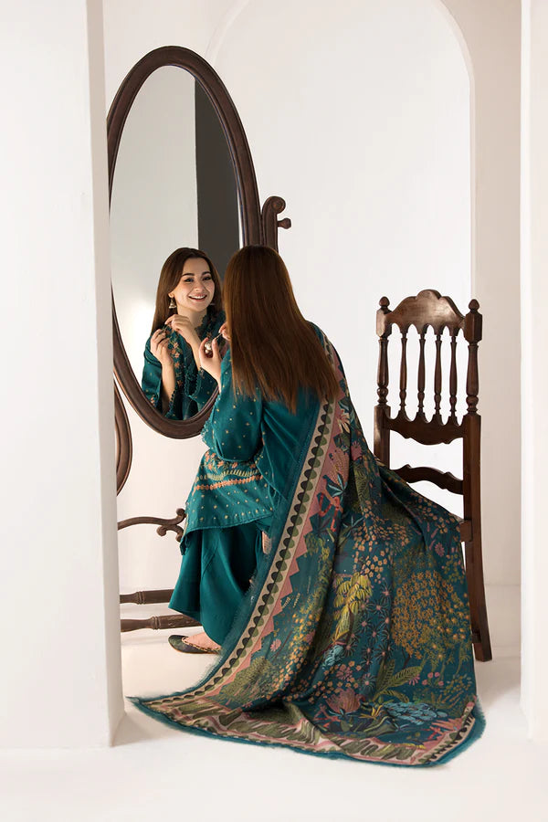 A+ 3PCS SOBIA NAZIR - DHANAK EMBROIDERED SHIRT WITH TWILL PRINTED SHAWL AND TROUSER Winter Collection ULM-685