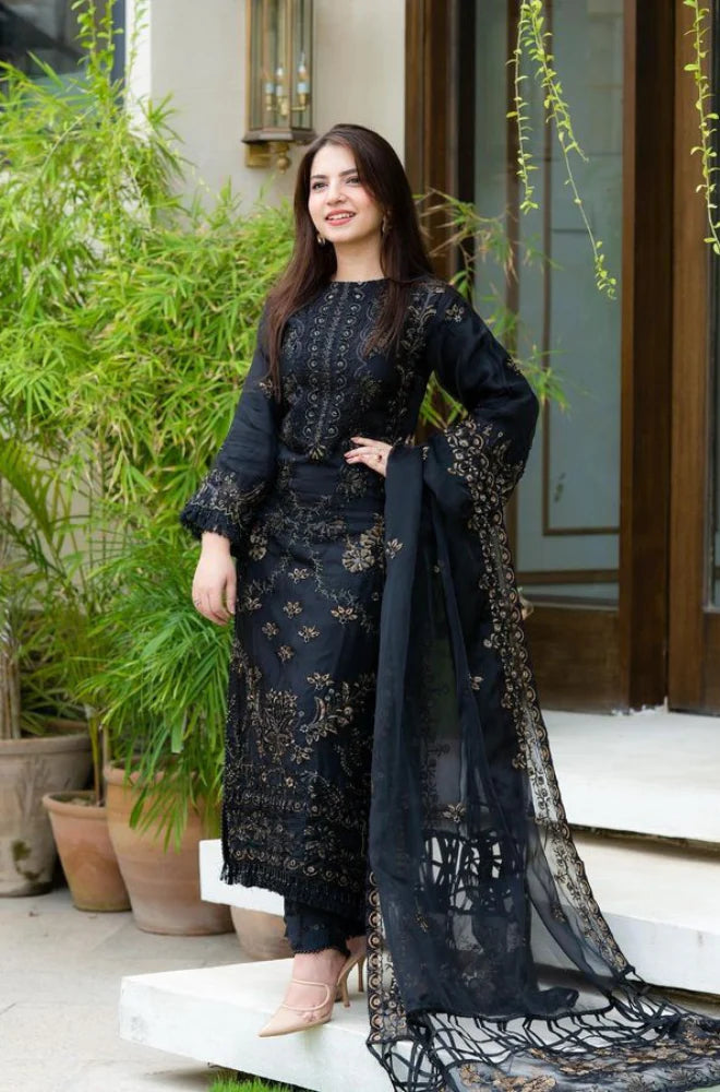 A+ 3PCS Black Linen Embroidered Shirt Winter Collection ULM-842