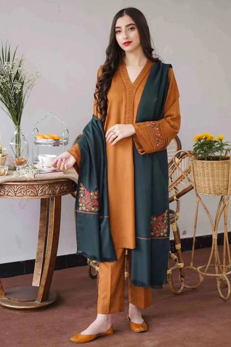 3PCS (musturd Dhanak) Embroidered With Dhanak Duppata LC Winter Collection ULM-889
