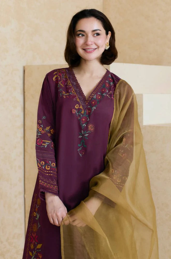 3PCS Dhanak Embroidered Shirt With Organza Embroidered Dupatta Winter Collection ULM-3343