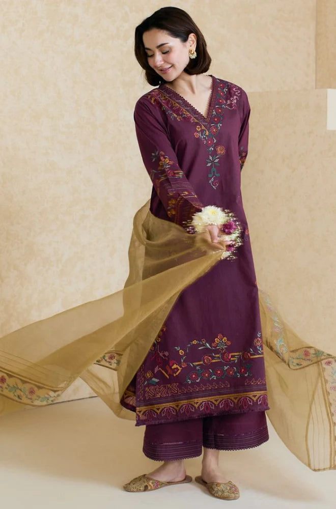 3PCS Dhanak Embroidered Shirt With Organza Embroidered Dupatta Winter Collection ULM-3343
