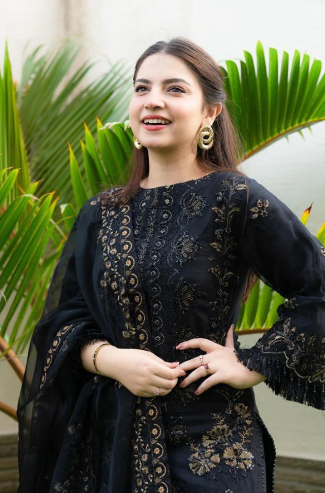 A+ 3PCS Black Linen Embroidered Shirt Winter Collection ULM-842